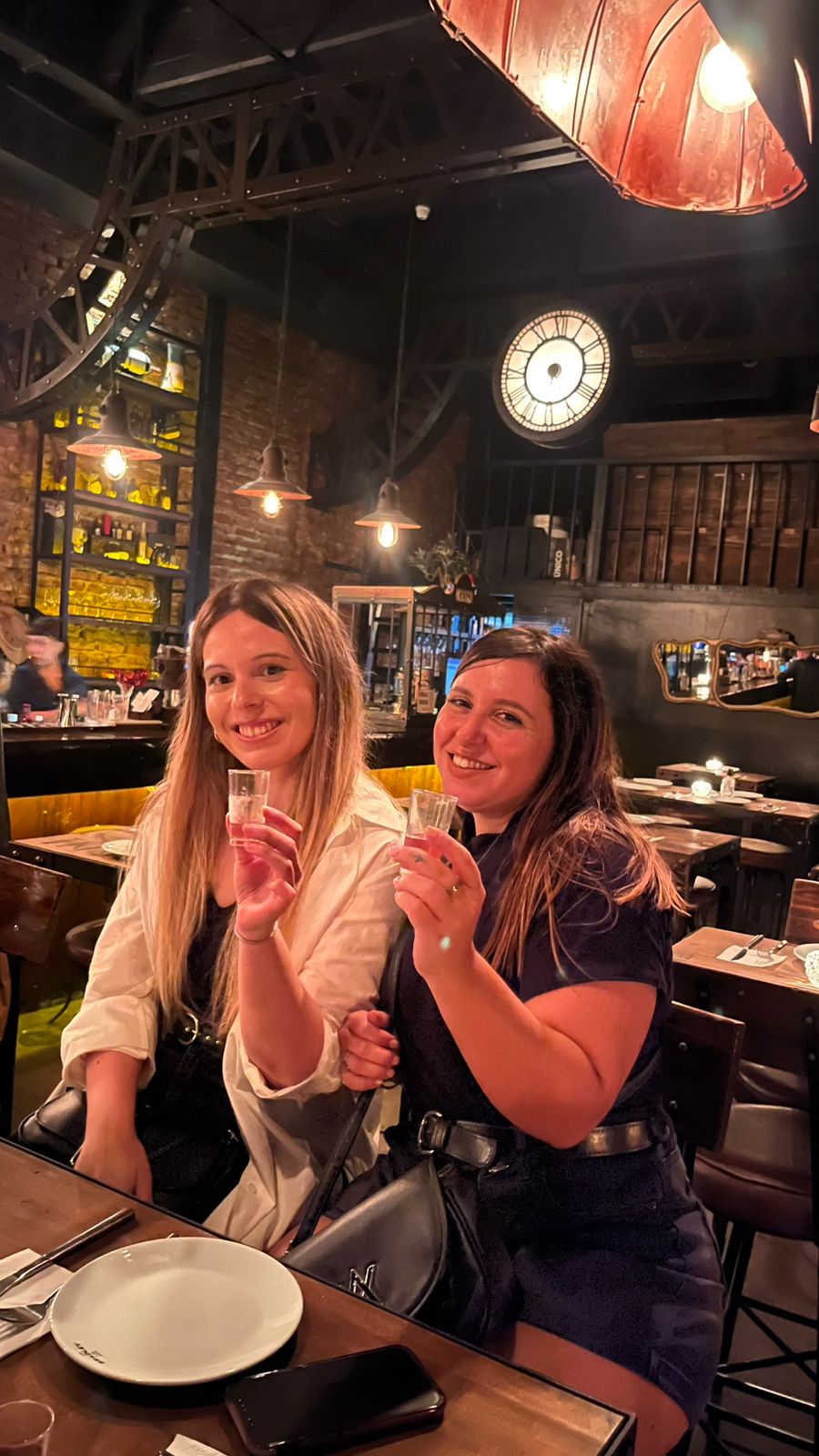 Two friends toasting at J.W. Bradley's vintage cocktail bar in Palermo